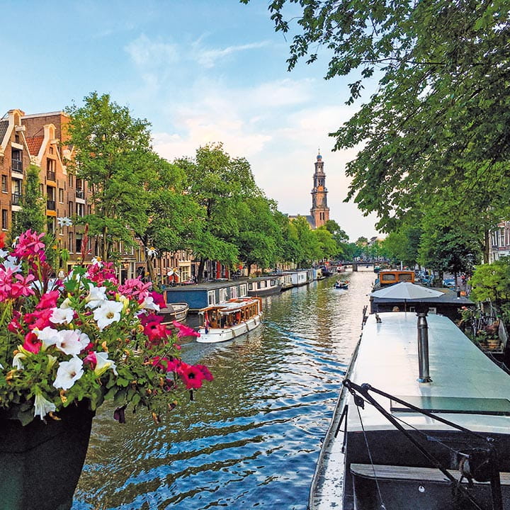 A view down a canal in Amsterdam at springtime